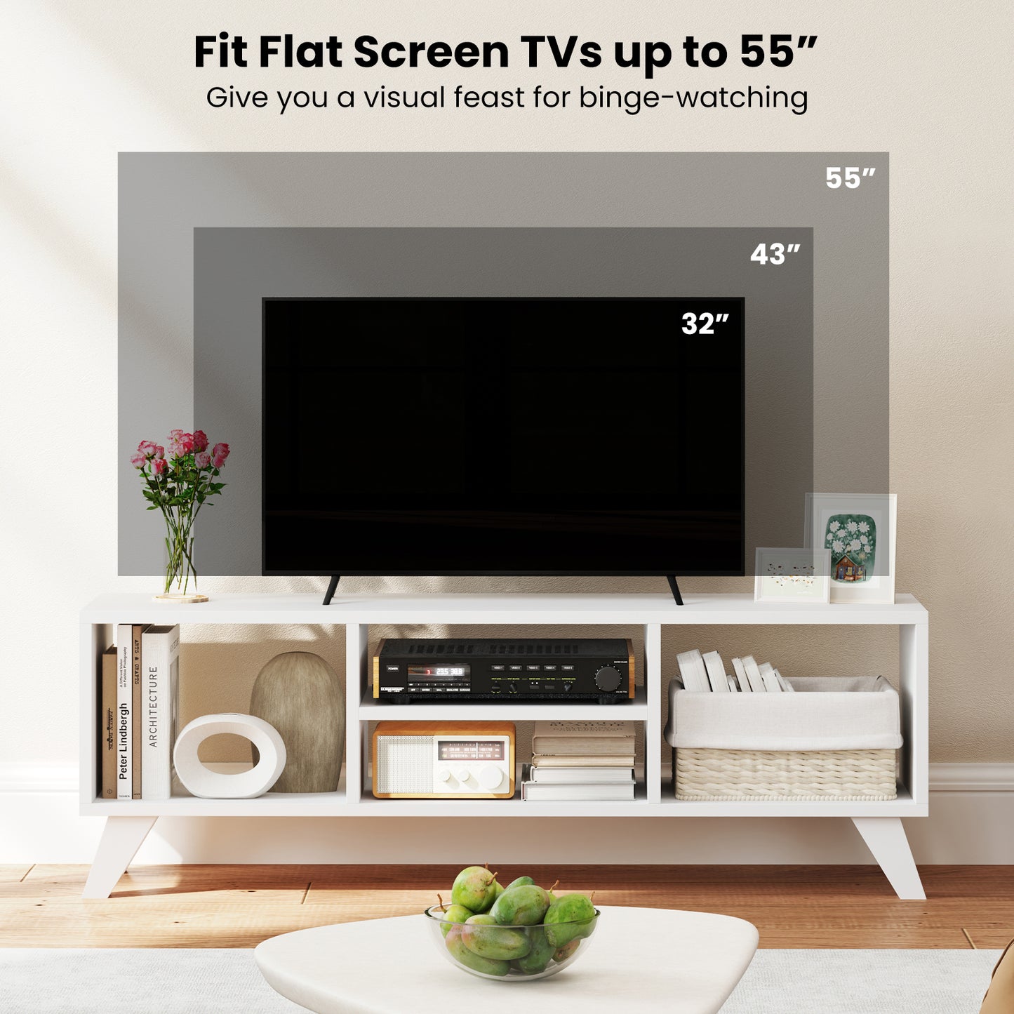 Modern White TV Stand for TVs up to 55 Inches with Open Storage Cubes and Raised Legs