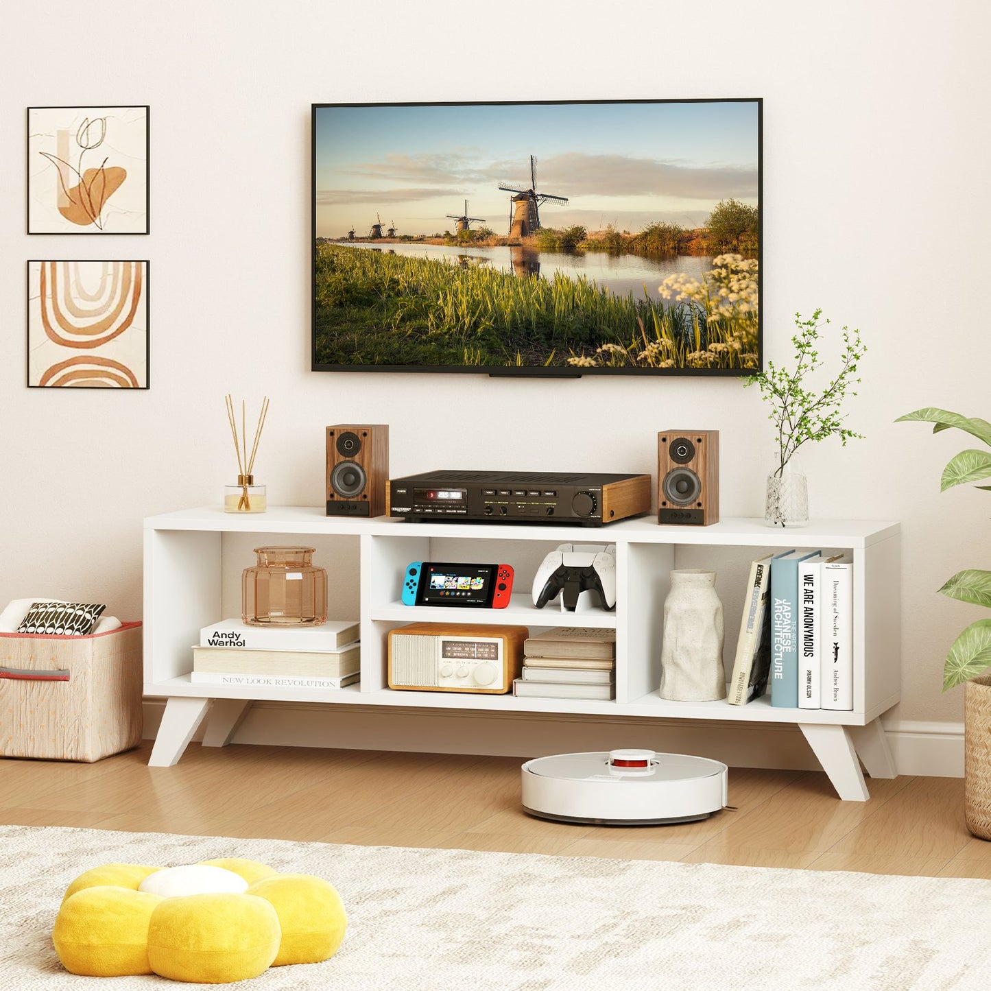 Modern White TV Stand for TVs up to 55 Inches with Open Storage Cubes and Raised Legs