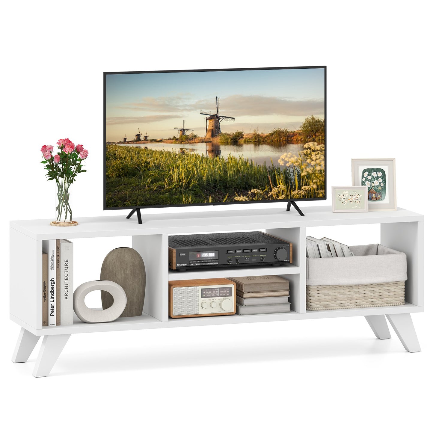 Modern White TV Stand for TVs up to 55 Inches with Open Storage Cubes and Raised Legs