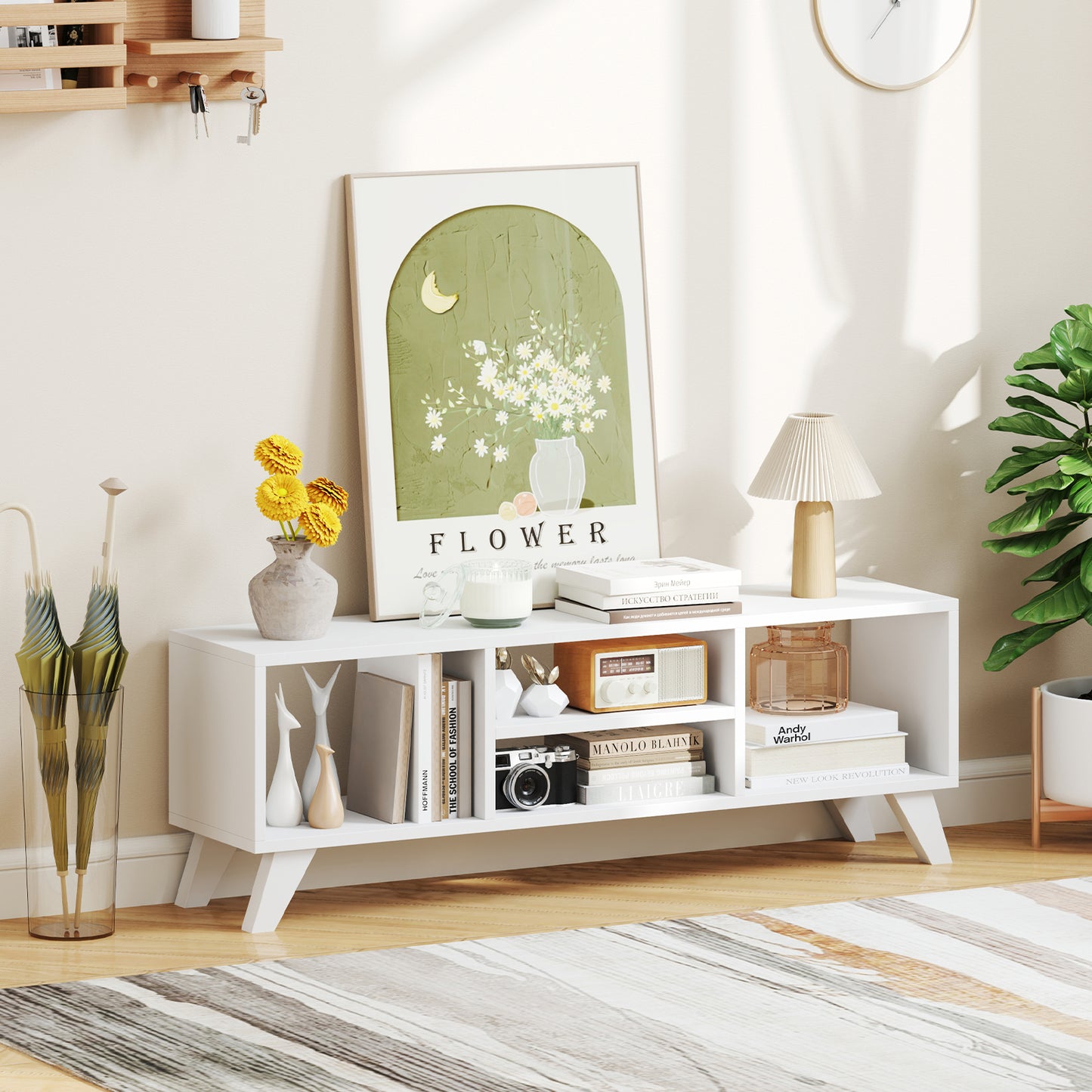 Modern White TV Stand for TVs up to 55 Inches with Open Storage Cubes and Raised Legs