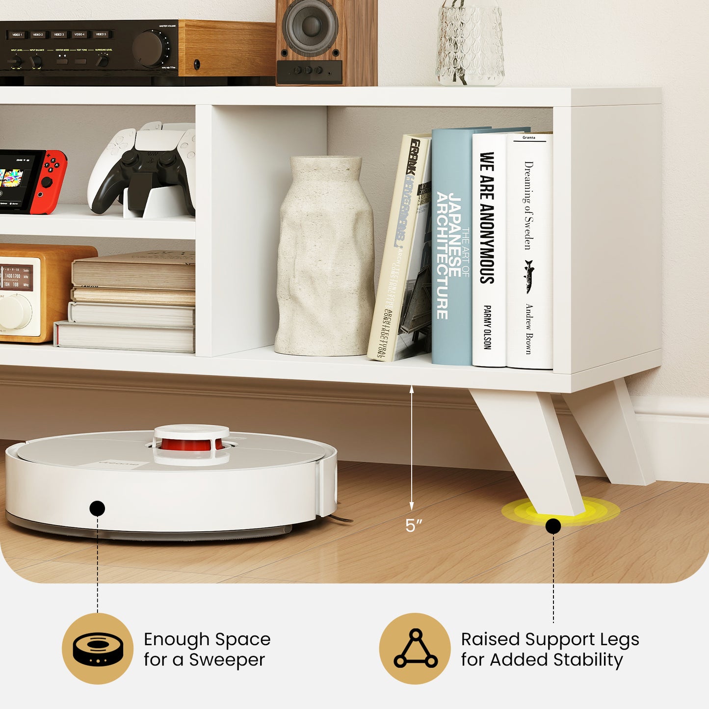 Modern White TV Stand for TVs up to 55 Inches with Open Storage Cubes and Raised Legs