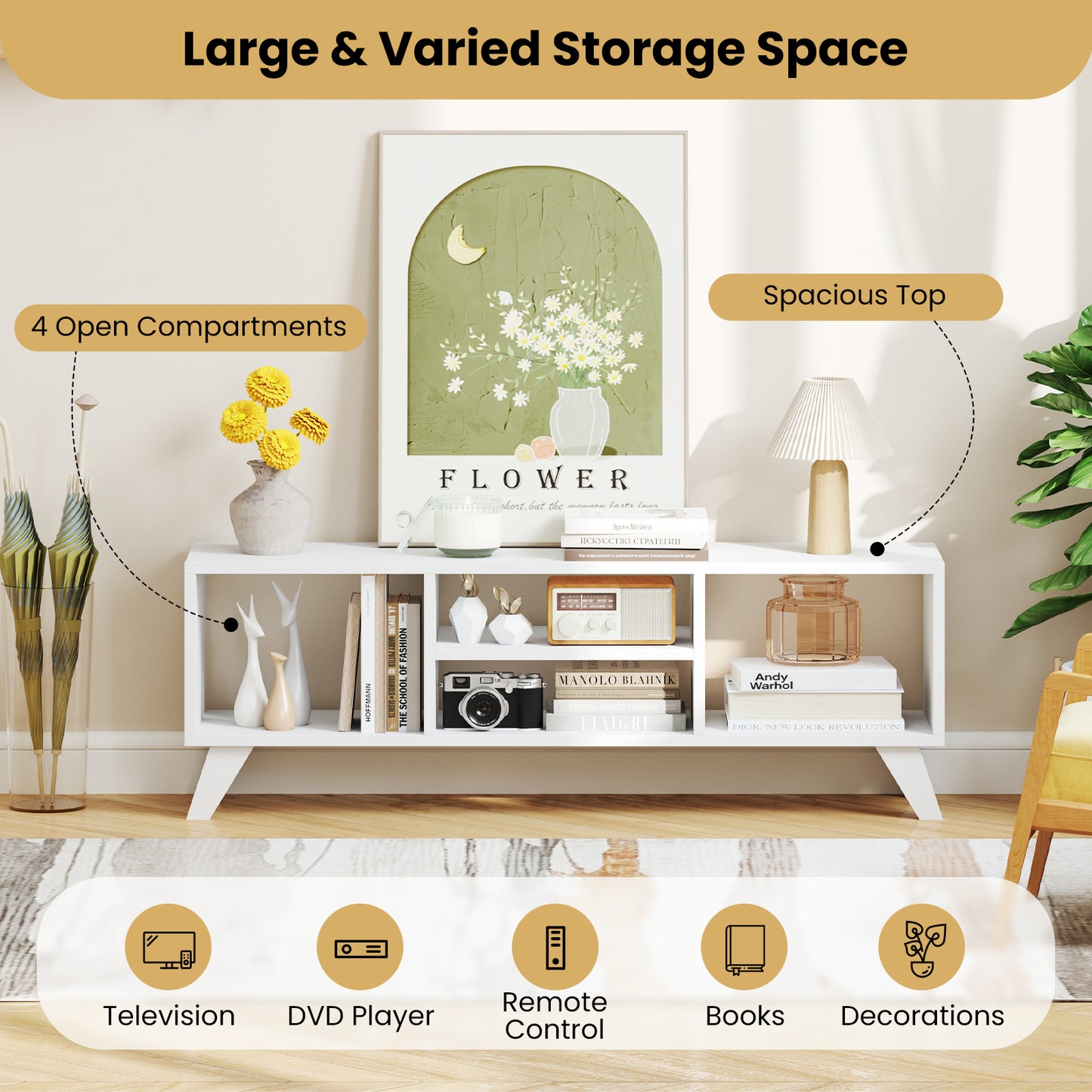 Modern White TV Stand for TVs up to 55 Inches with Open Storage Cubes and Raised Legs