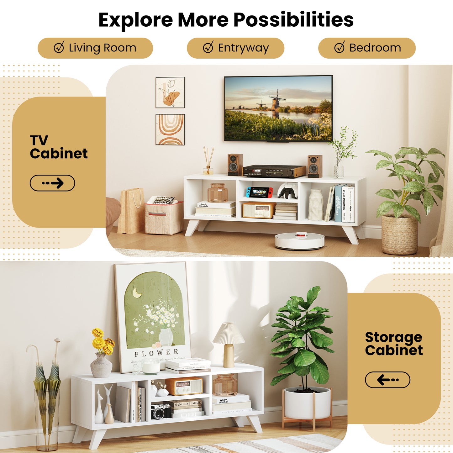 Modern White TV Stand for TVs up to 55 Inches with Open Storage Cubes and Raised Legs