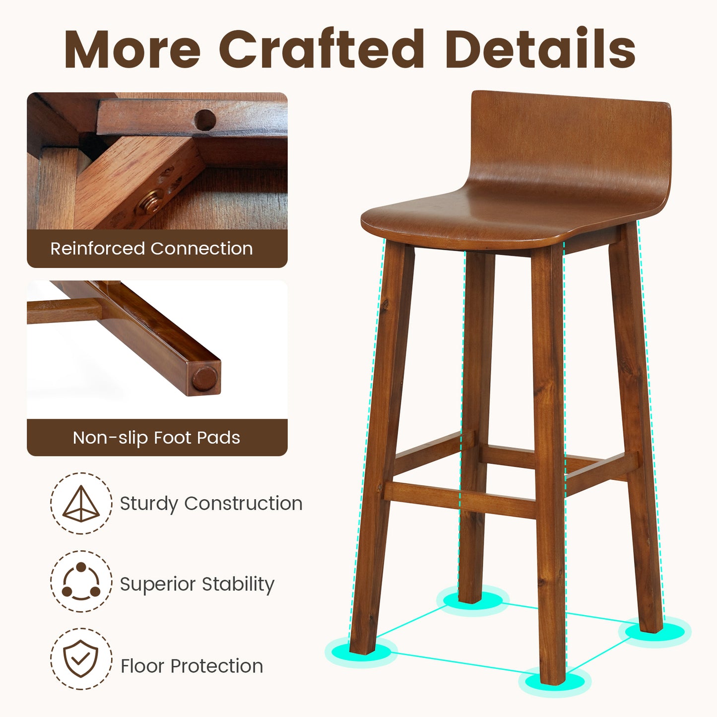 Wooden Bar Stools Set of 2 with Backrest and Footrest in Brown Finish, 29 Inch