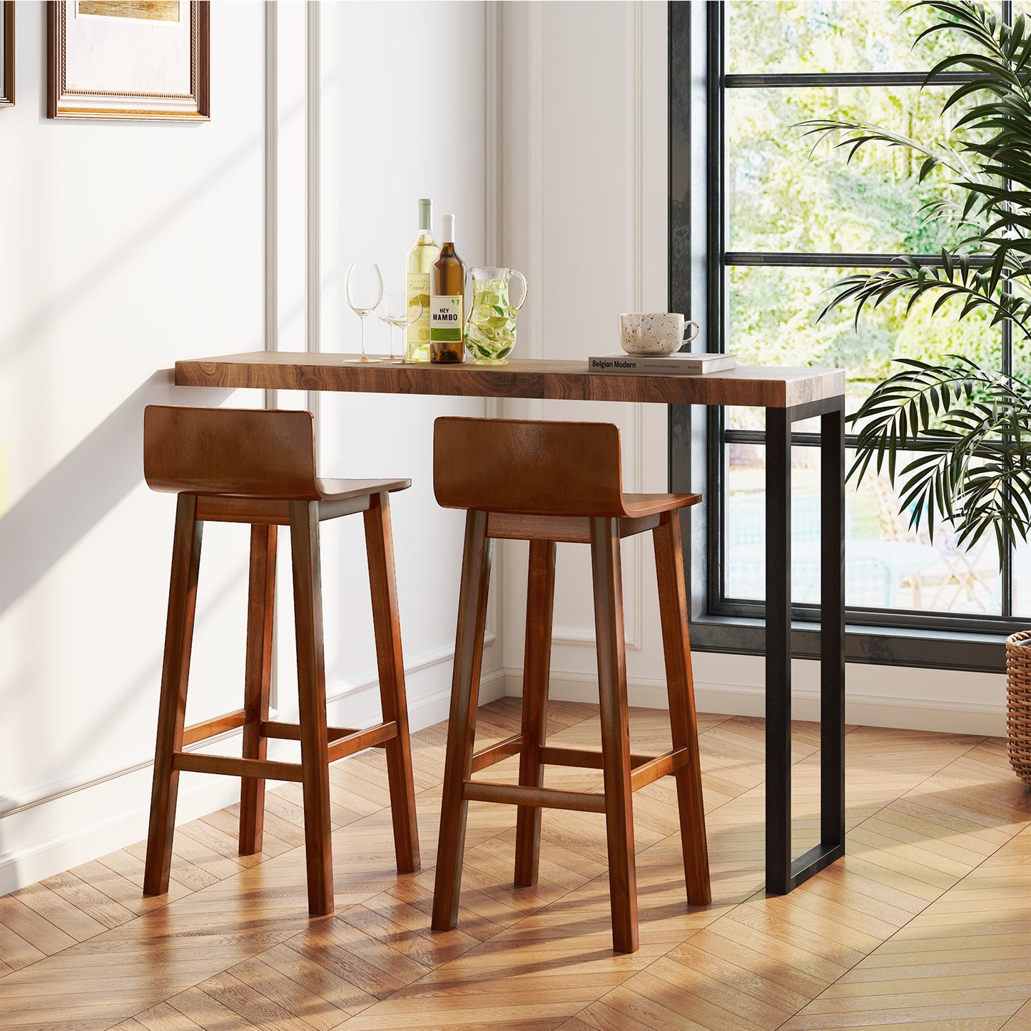 Wooden Bar Stools Set of 2 with Backrest and Footrest in Brown Finish, 29 Inch