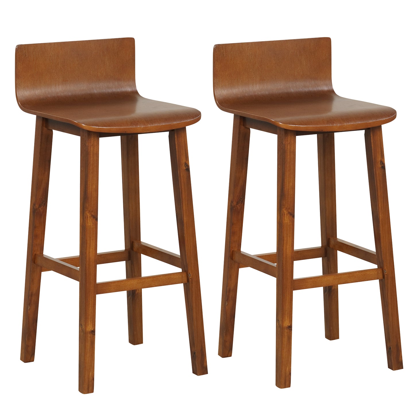 Wooden Bar Stools Set of 2 with Backrest and Footrest in Brown Finish, 29 Inch