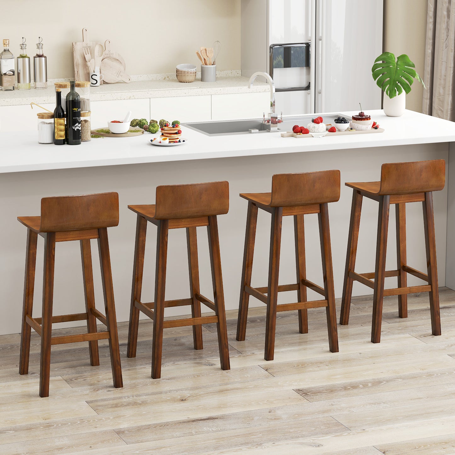 Wooden Bar Stools Set of 2 with Backrest and Footrest in Brown Finish, 29 Inch