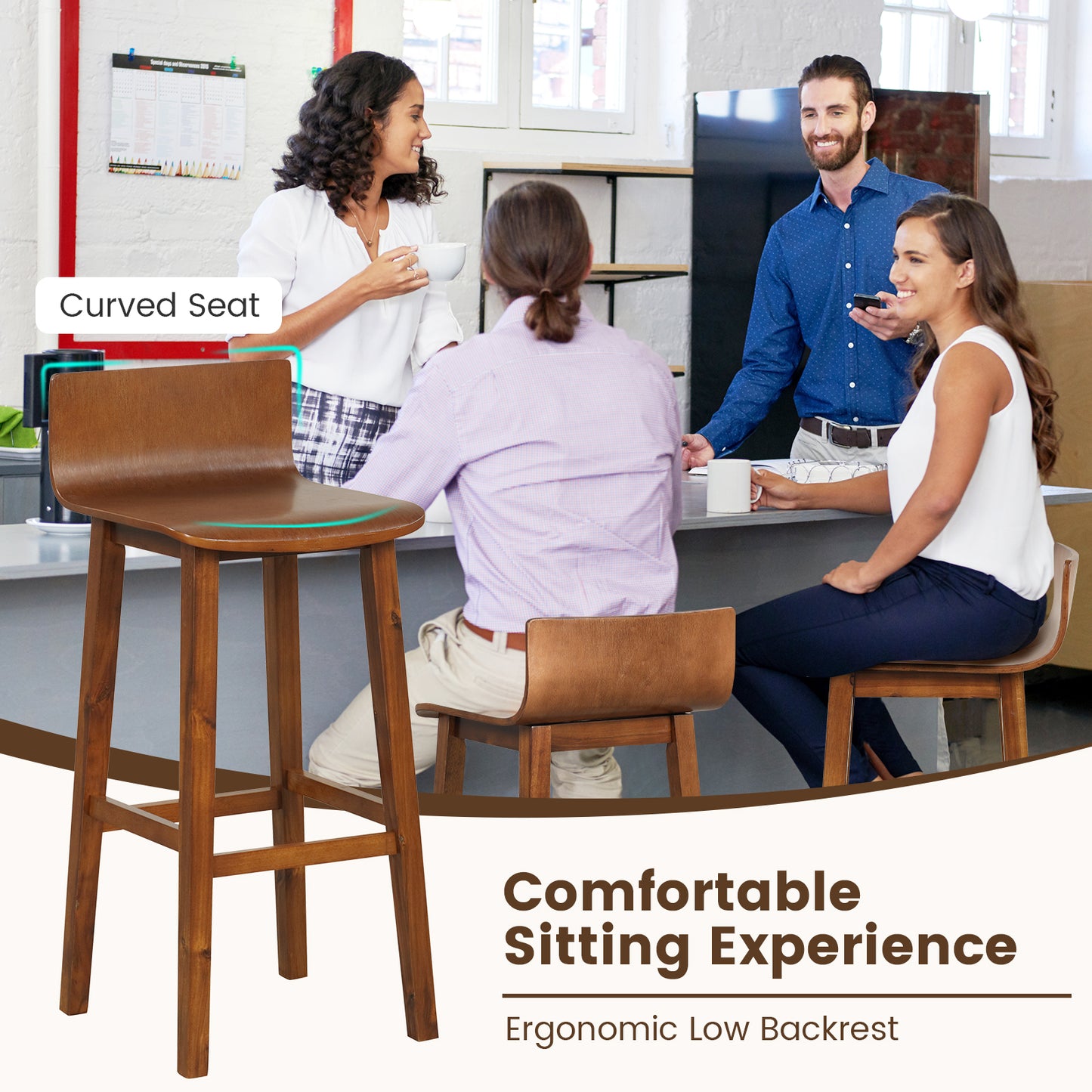 Wooden Bar Stools Set of 2 with Backrest and Footrest in Brown Finish, 29 Inch