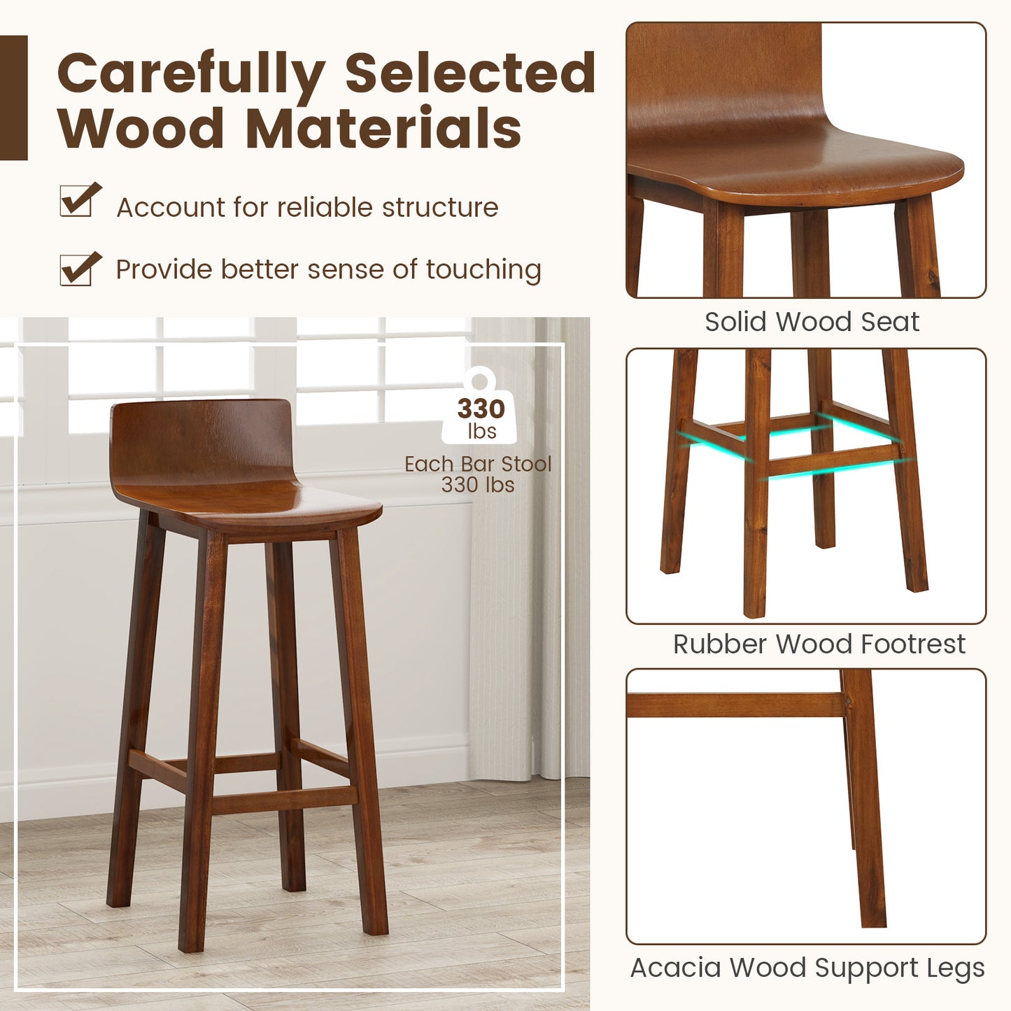 Wooden Bar Stools Set of 2 with Backrest and Footrest in Brown Finish, 29 Inch