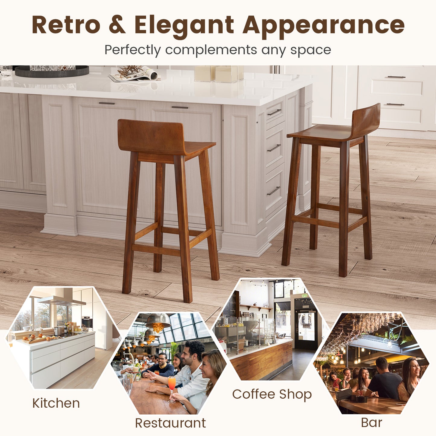 Wooden Bar Stools Set of 2 with Backrest and Footrest in Brown Finish, 29 Inch