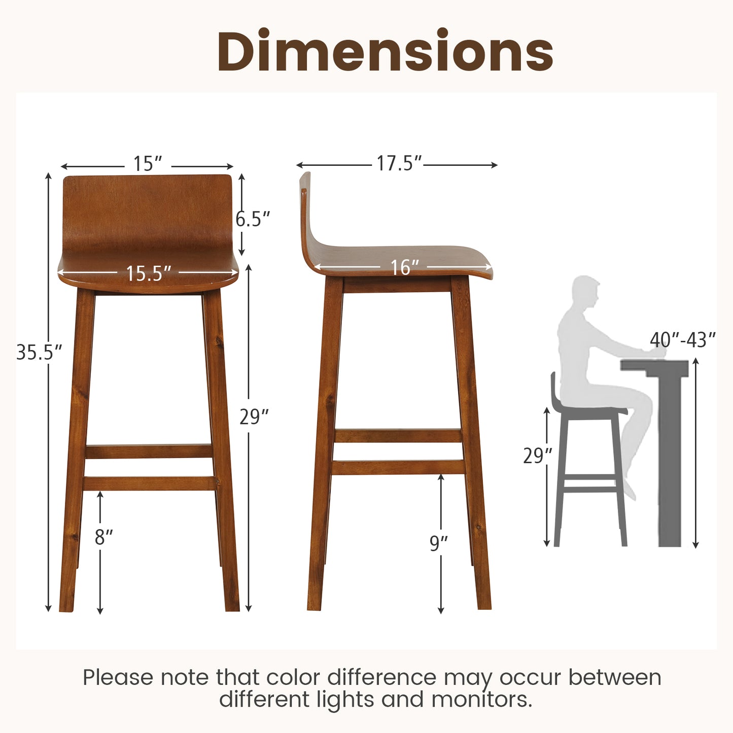 Wooden Bar Stools Set of 2 with Backrest and Footrest in Brown Finish, 29 Inch