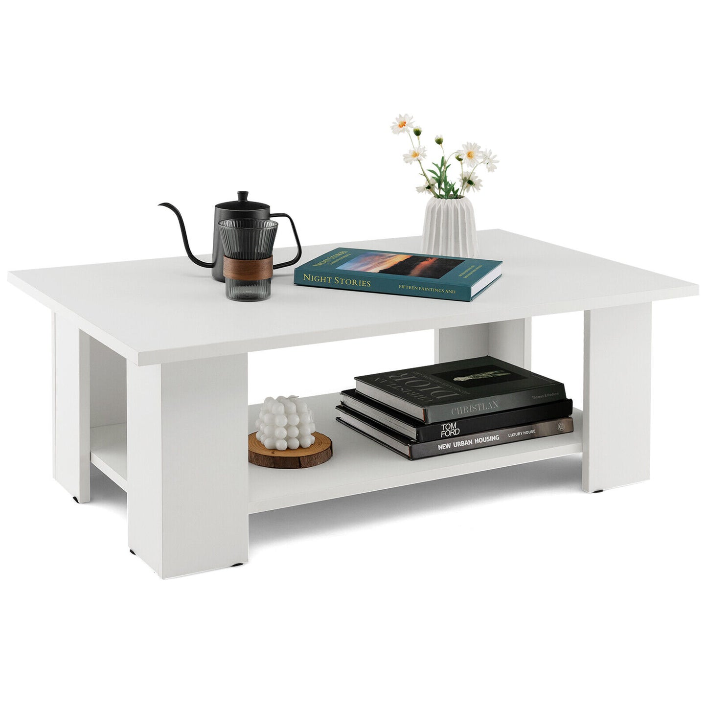 Wooden Coffee Table with Two Tier Storage Shelf Modern White Design