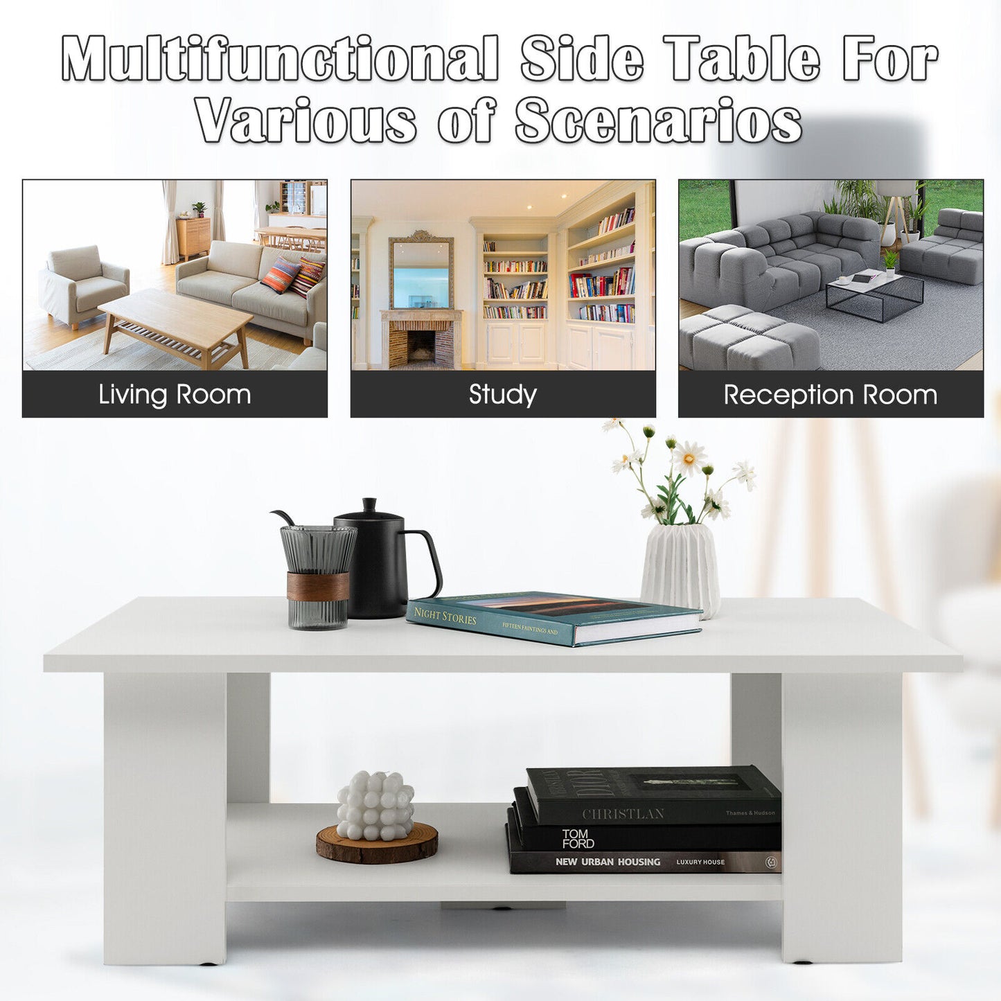Wooden Coffee Table with Two Tier Storage Shelf Modern White Design