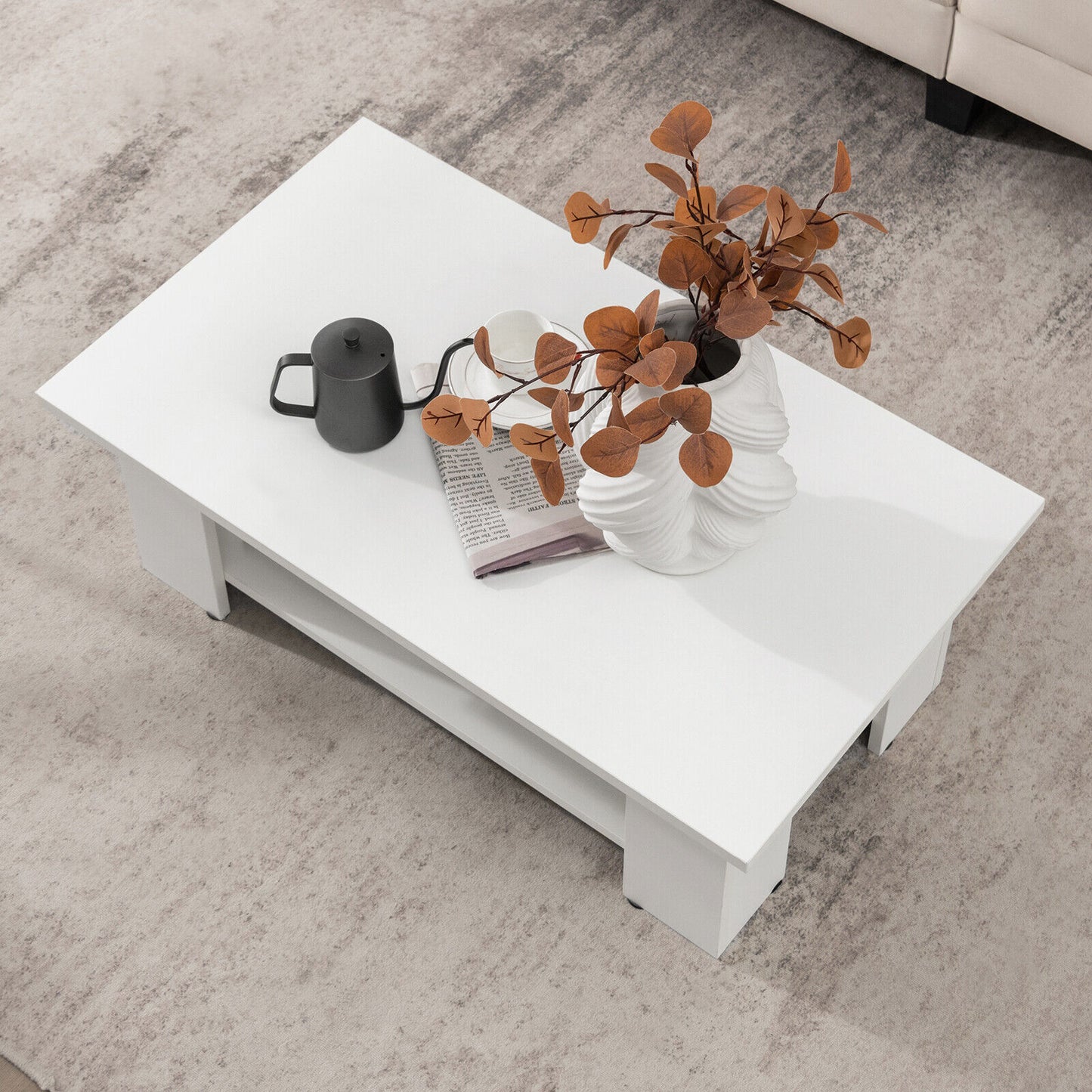 Wooden Coffee Table with Two Tier Storage Shelf Modern White Design