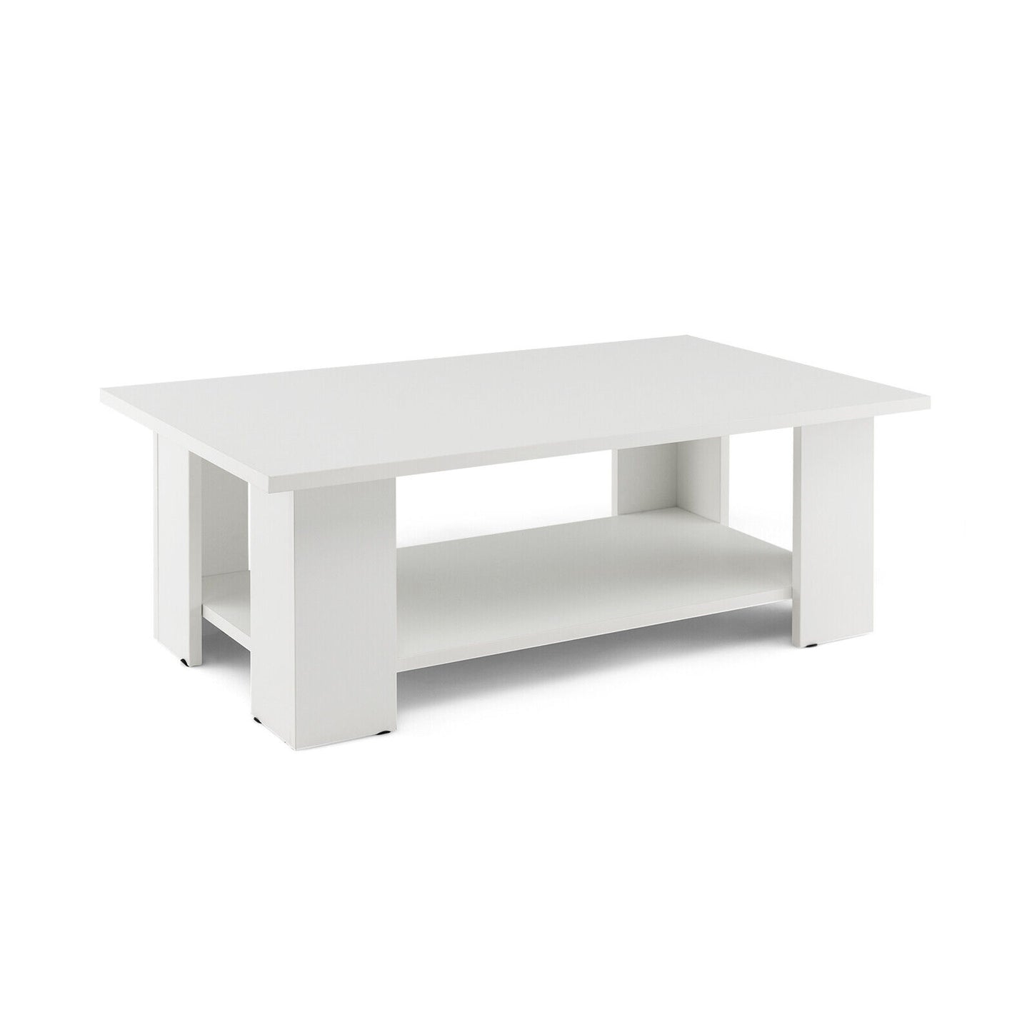 Wooden Coffee Table with Two Tier Storage Shelf Modern White Design