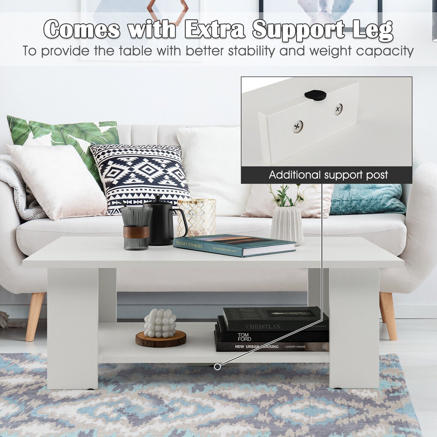 Wooden Coffee Table with Two Tier Storage Shelf Modern White Design