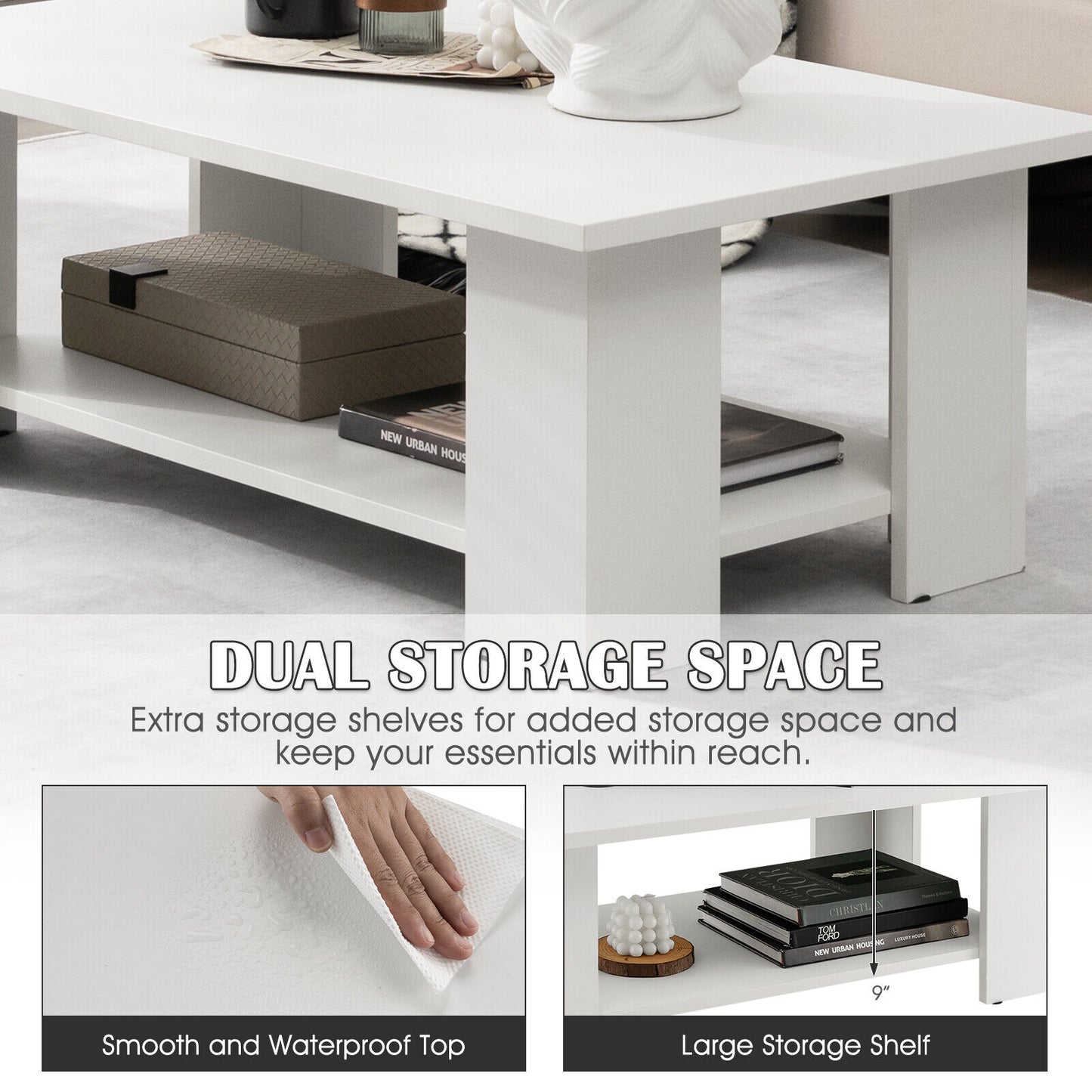 Wooden Coffee Table with Two Tier Storage Shelf Modern White Design