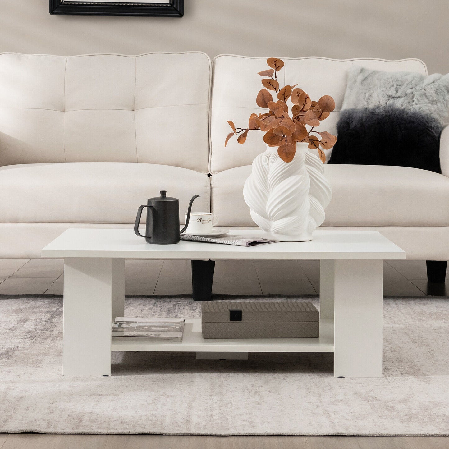 Wooden Coffee Table with Two Tier Storage Shelf Modern White Design