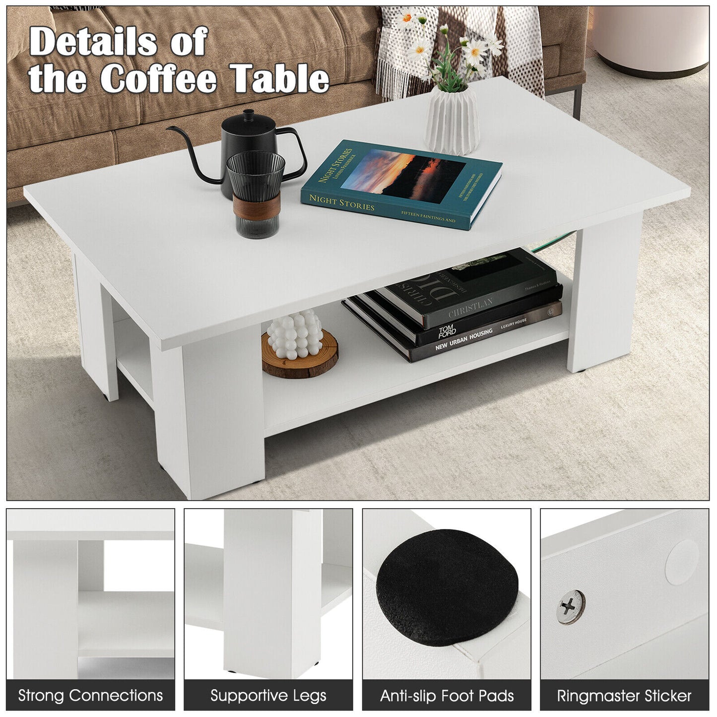 Wooden Coffee Table with Two Tier Storage Shelf Modern White Design