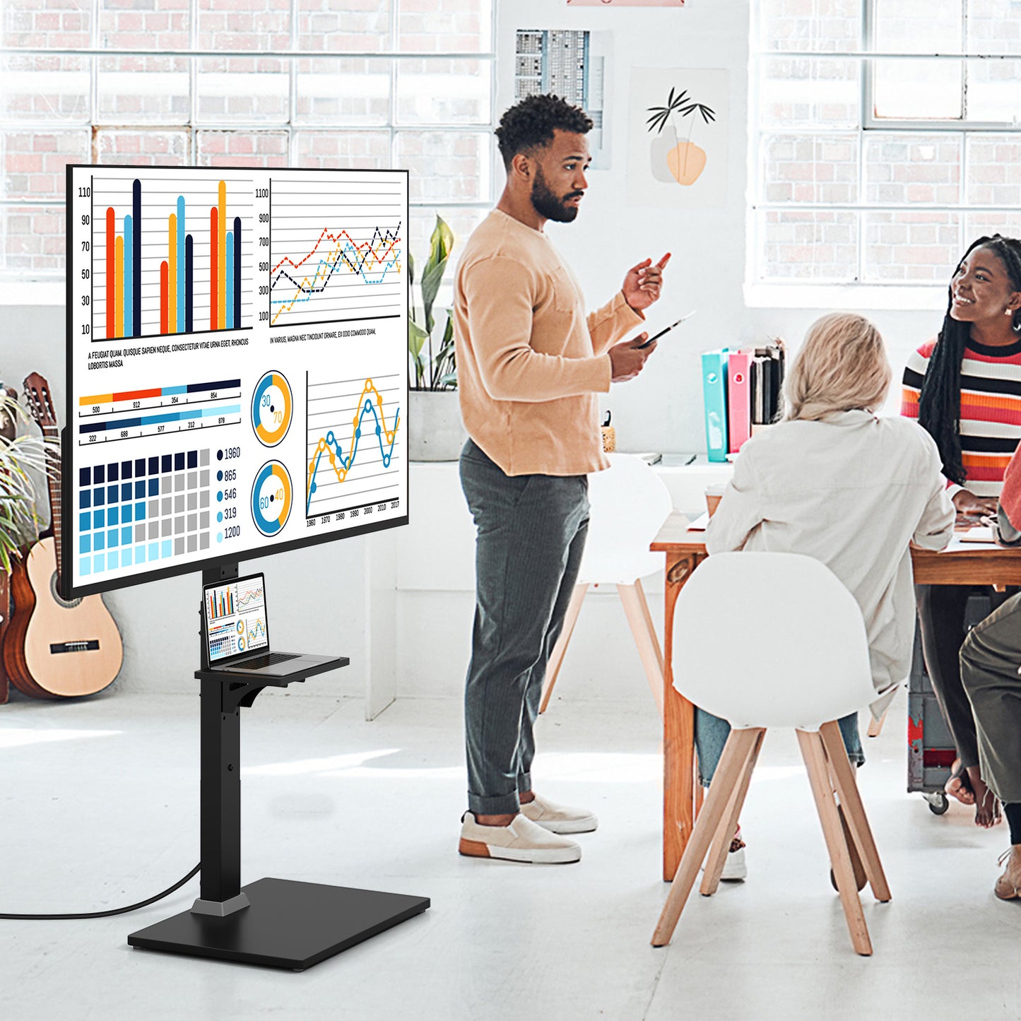 Adjustable Floor TV Stand with Tilt Function, Power Outlet, and AV Shelf for 32 to 70 Inch Flat or Curved TVs