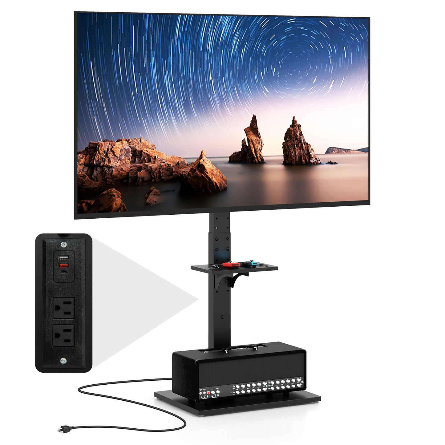Adjustable Floor TV Stand with Tilt Function, Power Outlet, and AV Shelf for 32 to 70 Inch Flat or Curved TVs