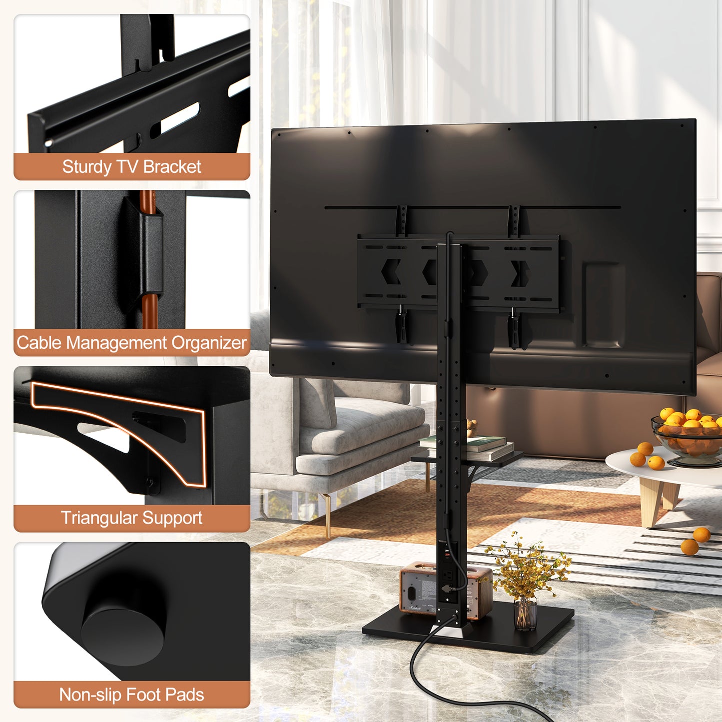Adjustable Floor TV Stand with Tilt Function, Power Outlet, and AV Shelf for 32 to 70 Inch Flat or Curved TVs