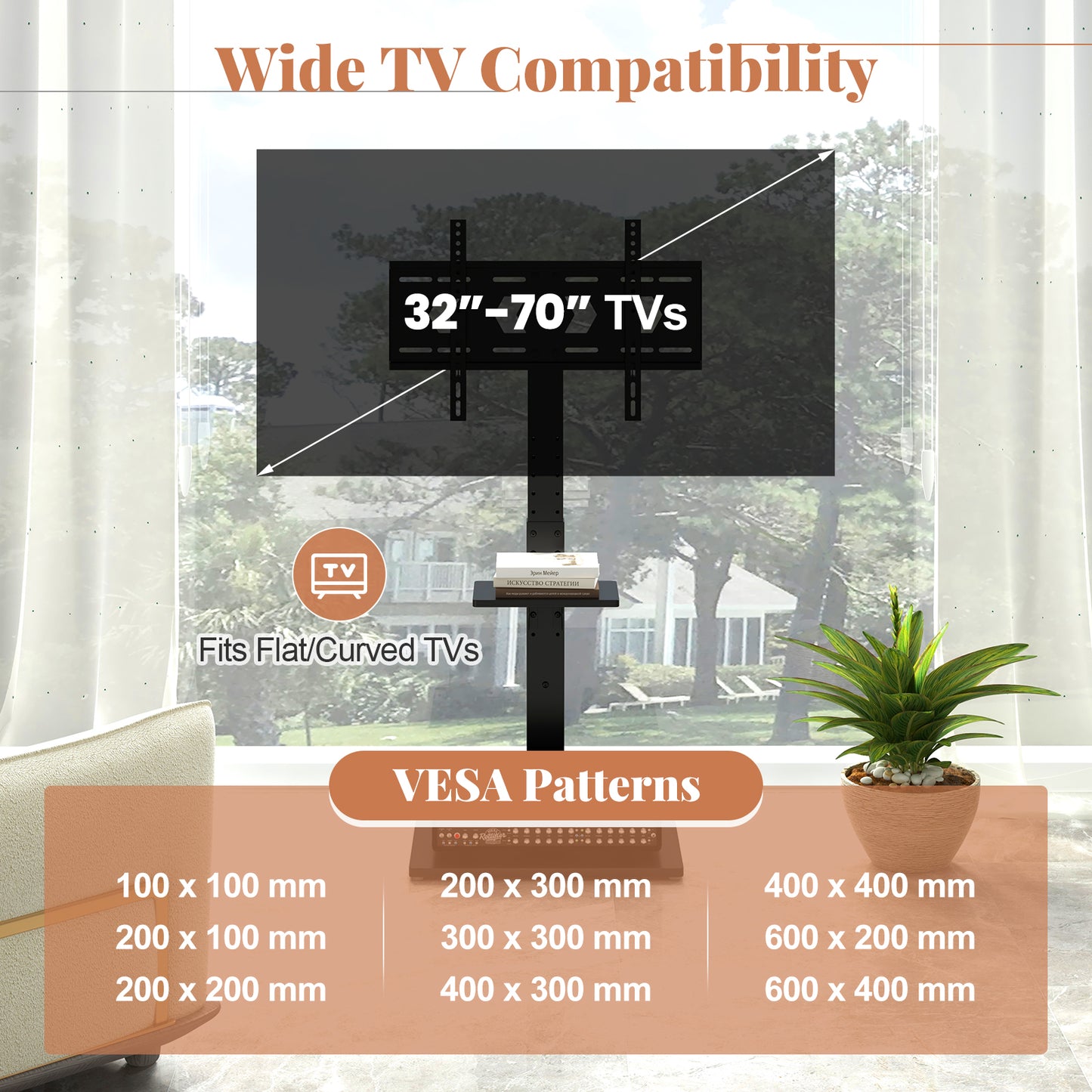 Adjustable Floor TV Stand with Tilt Function, Power Outlet, and AV Shelf for 32 to 70 Inch Flat or Curved TVs