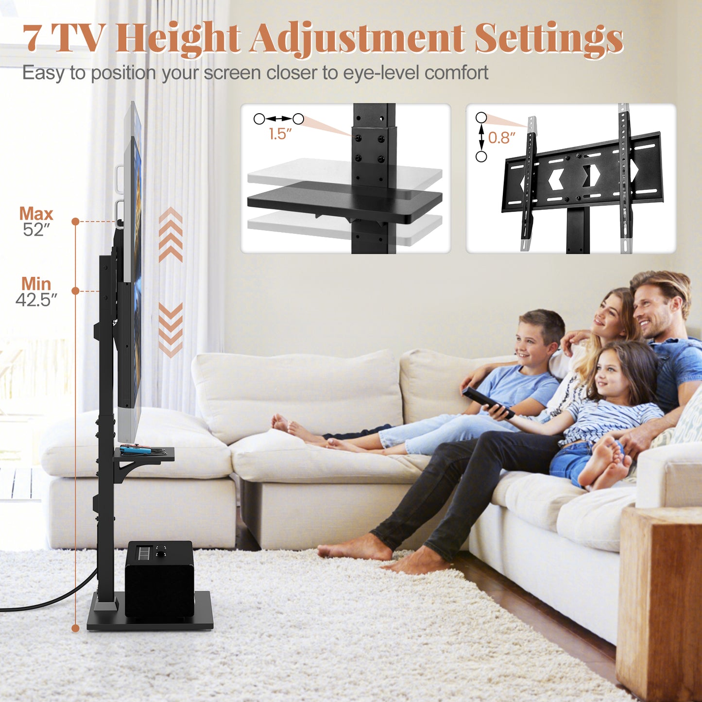 Adjustable Floor TV Stand with Tilt Function, Power Outlet, and AV Shelf for 32 to 70 Inch Flat or Curved TVs