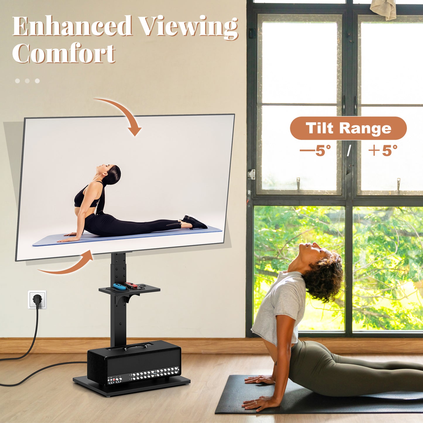 Adjustable Floor TV Stand with Tilt Function, Power Outlet, and AV Shelf for 32 to 70 Inch Flat or Curved TVs