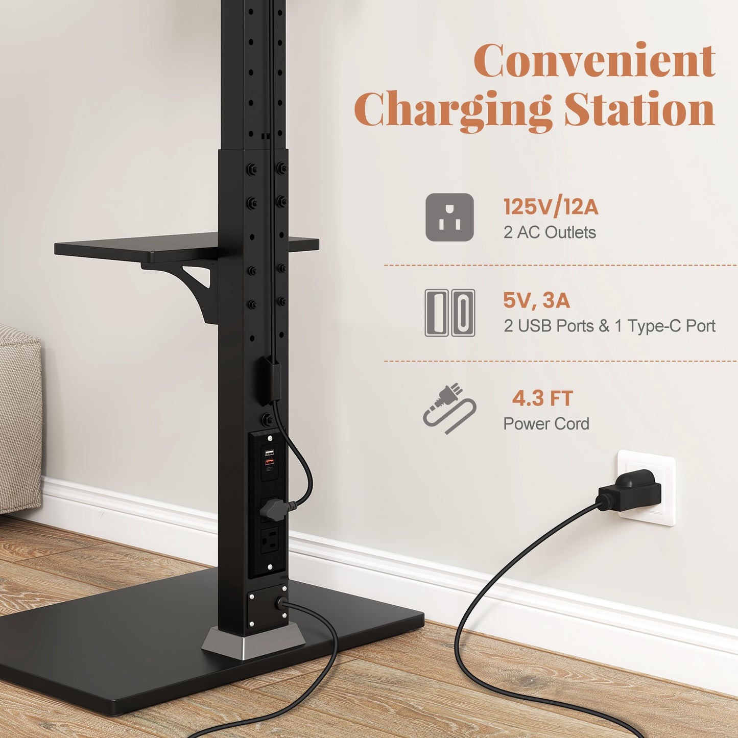 Adjustable Floor TV Stand with Tilt Function, Power Outlet, and AV Shelf for 32 to 70 Inch Flat or Curved TVs
