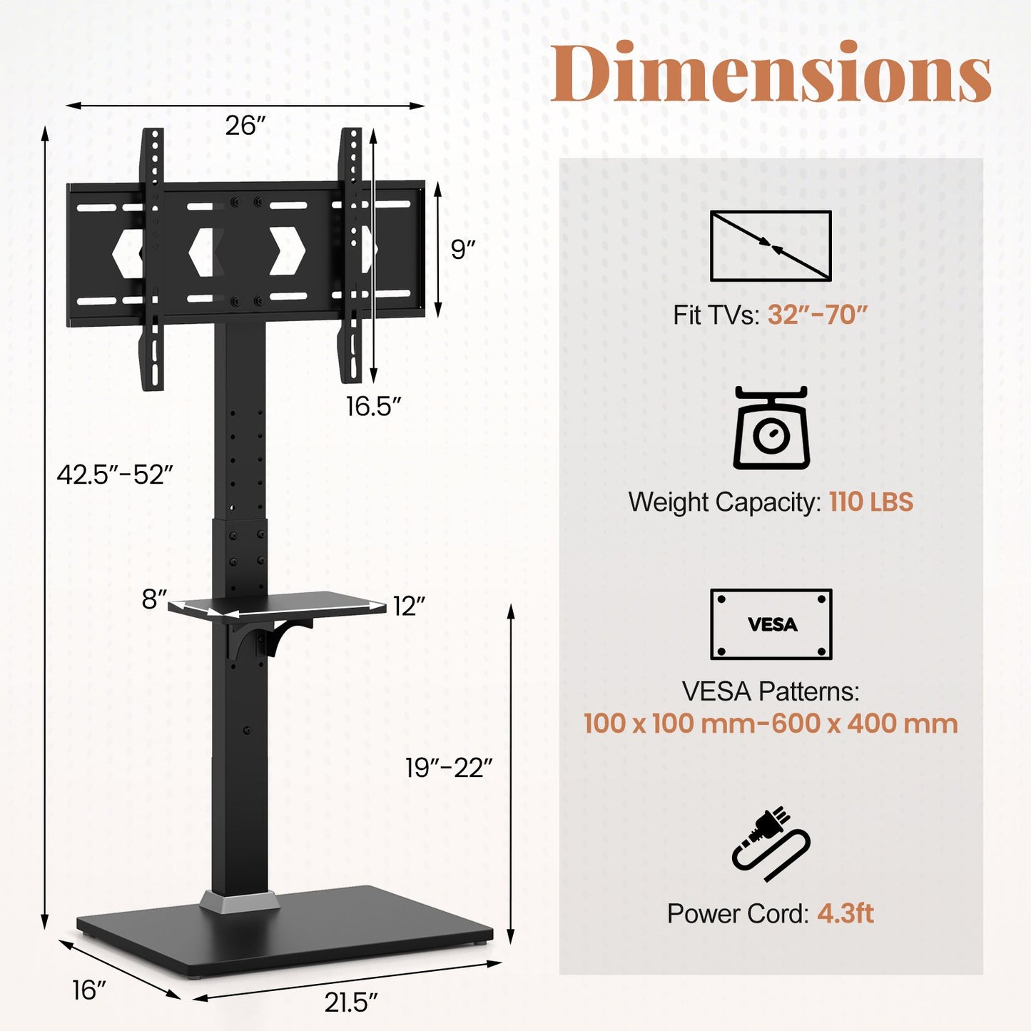 Adjustable Floor TV Stand with Tilt Function, Power Outlet, and AV Shelf for 32 to 70 Inch Flat or Curved TVs