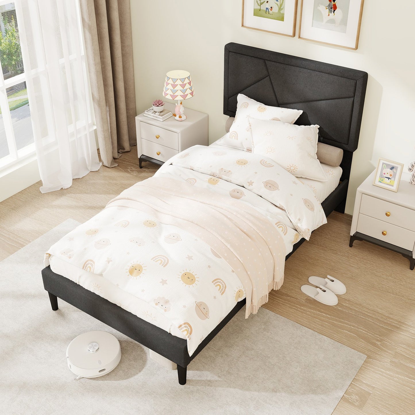 Faux Linen Upholstered Platform Bed with Button-Tufted Headboard and Solid Wood Slats – Twin