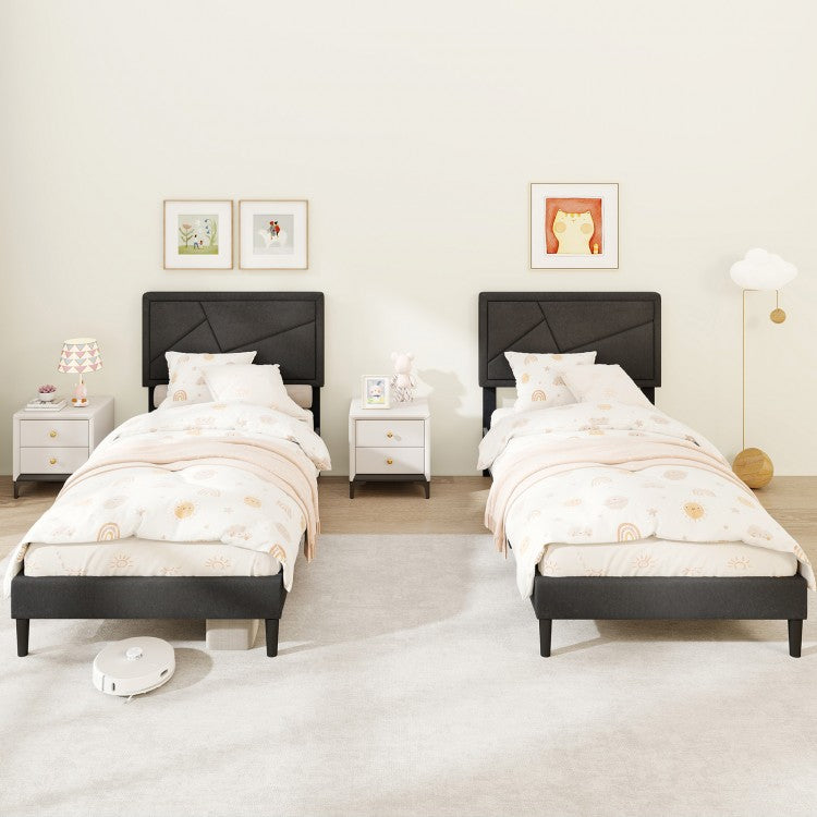 Faux Linen Upholstered Platform Bed with Button-Tufted Headboard and Solid Wood Slats – Twin