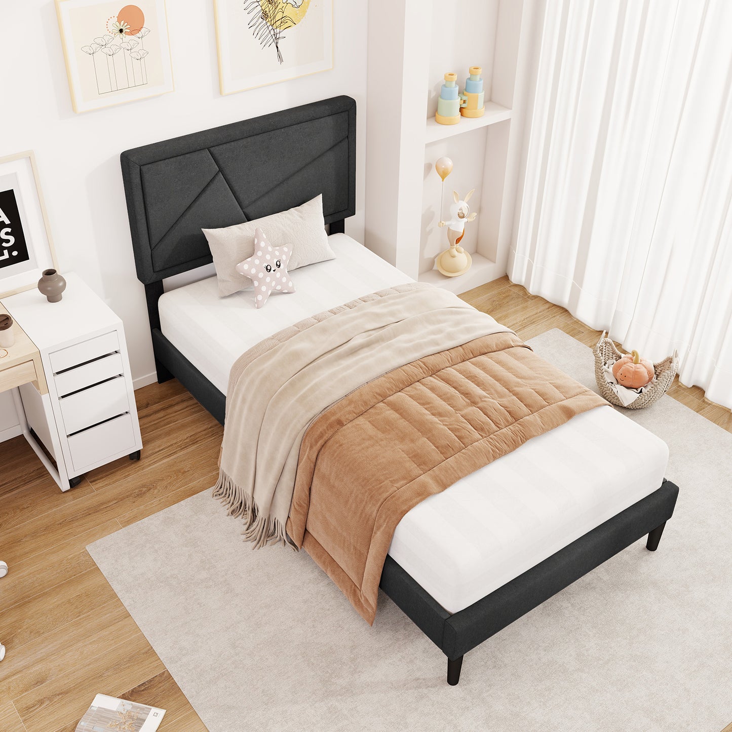 Faux Linen Upholstered Platform Bed with Button-Tufted Headboard and Solid Wood Slats – Twin