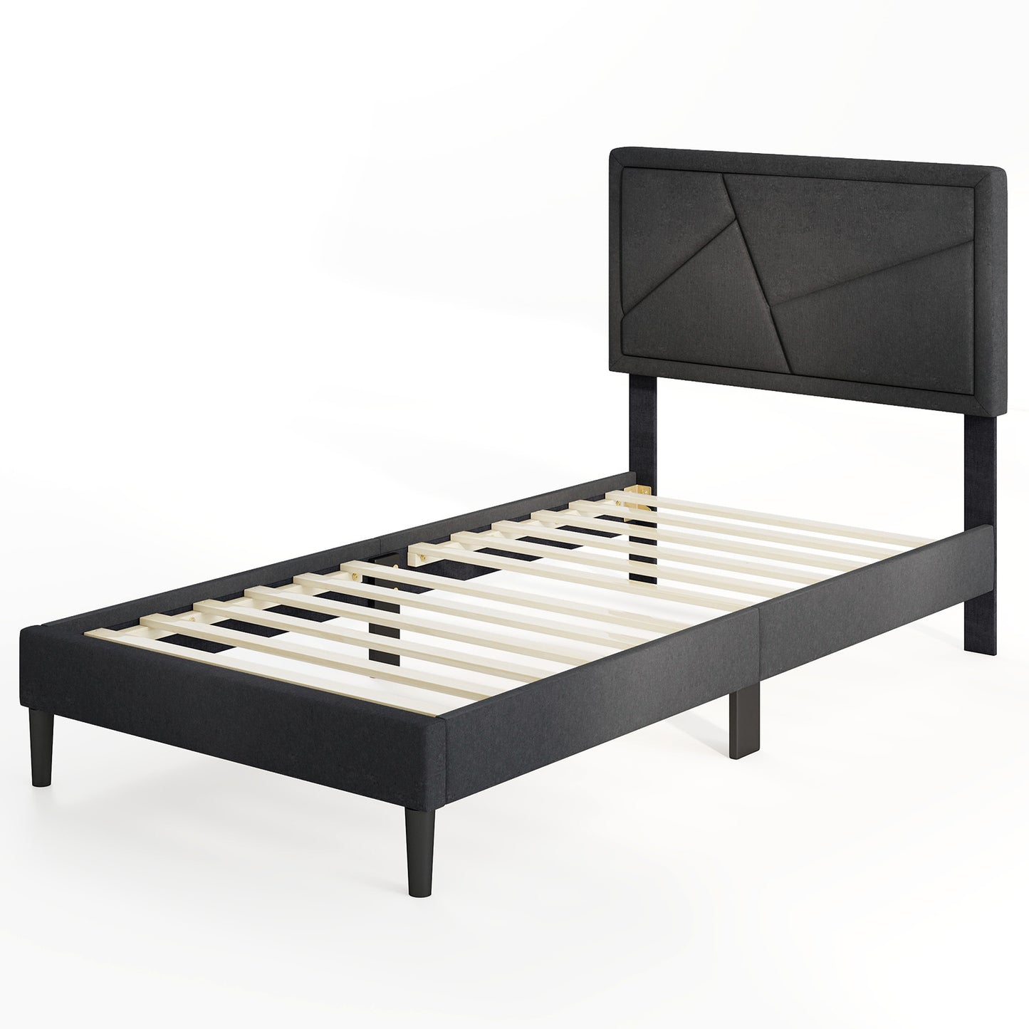 Faux Linen Upholstered Platform Bed with Button-Tufted Headboard and Solid Wood Slats – Twin