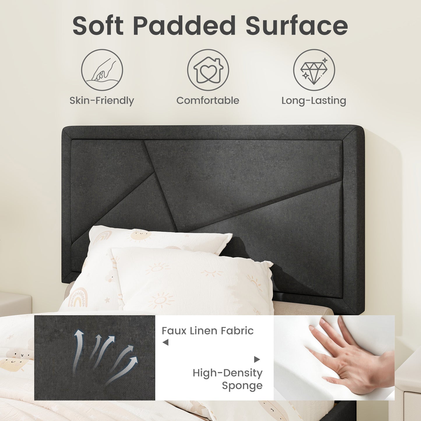 Faux Linen Upholstered Platform Bed with Button-Tufted Headboard and Solid Wood Slats – Twin