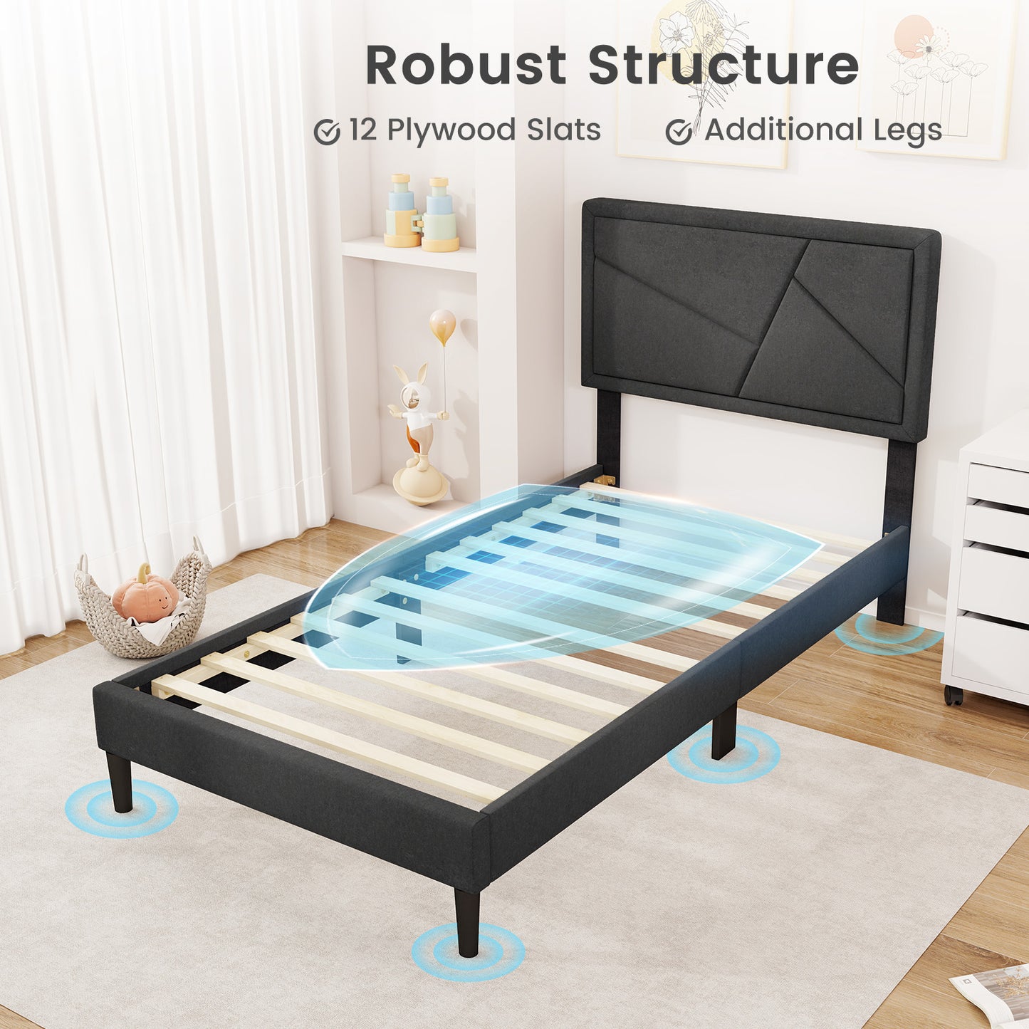 Faux Linen Upholstered Platform Bed with Button-Tufted Headboard and Solid Wood Slats – Twin