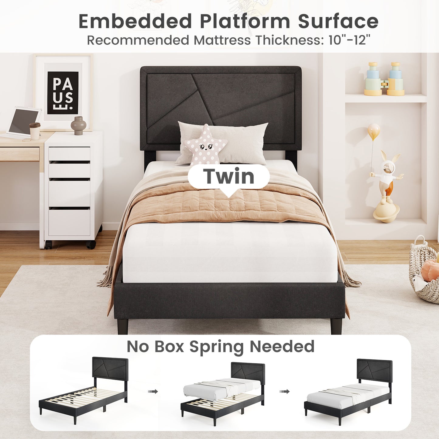 Faux Linen Upholstered Platform Bed with Button-Tufted Headboard and Solid Wood Slats – Twin