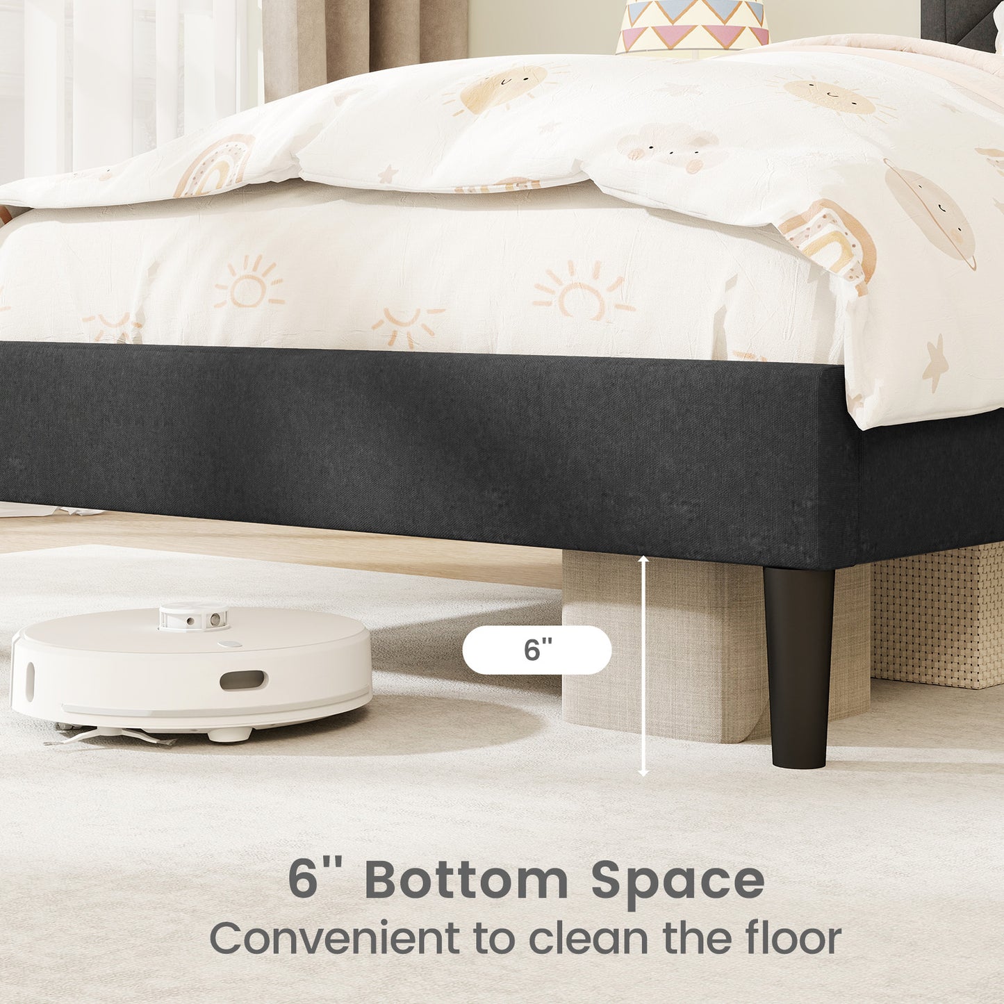 Faux Linen Upholstered Platform Bed with Button-Tufted Headboard and Solid Wood Slats – Twin