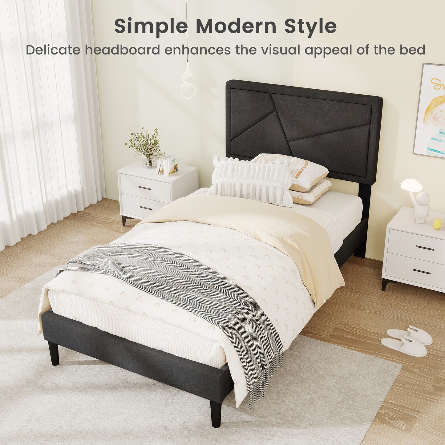 Faux Linen Upholstered Platform Bed with Button-Tufted Headboard and Solid Wood Slats – Twin