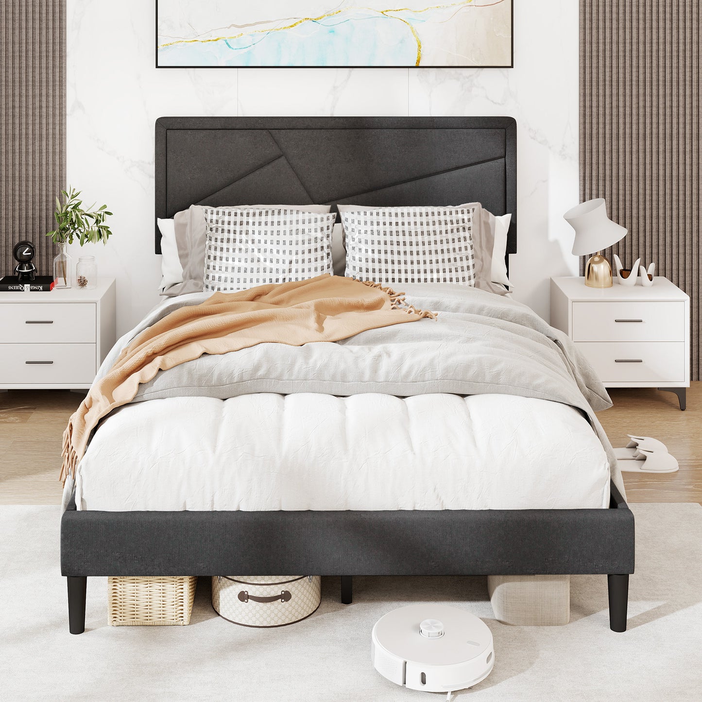 Faux Linen Upholstered Platform Bed with Button-Tufted Headboard and Solid Wood Slats – Full Size