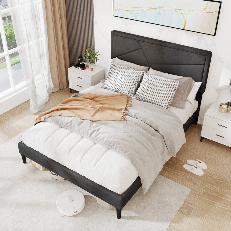 Faux Linen Upholstered Platform Bed with Button-Tufted Headboard and Solid Wood Slats – Full Size
