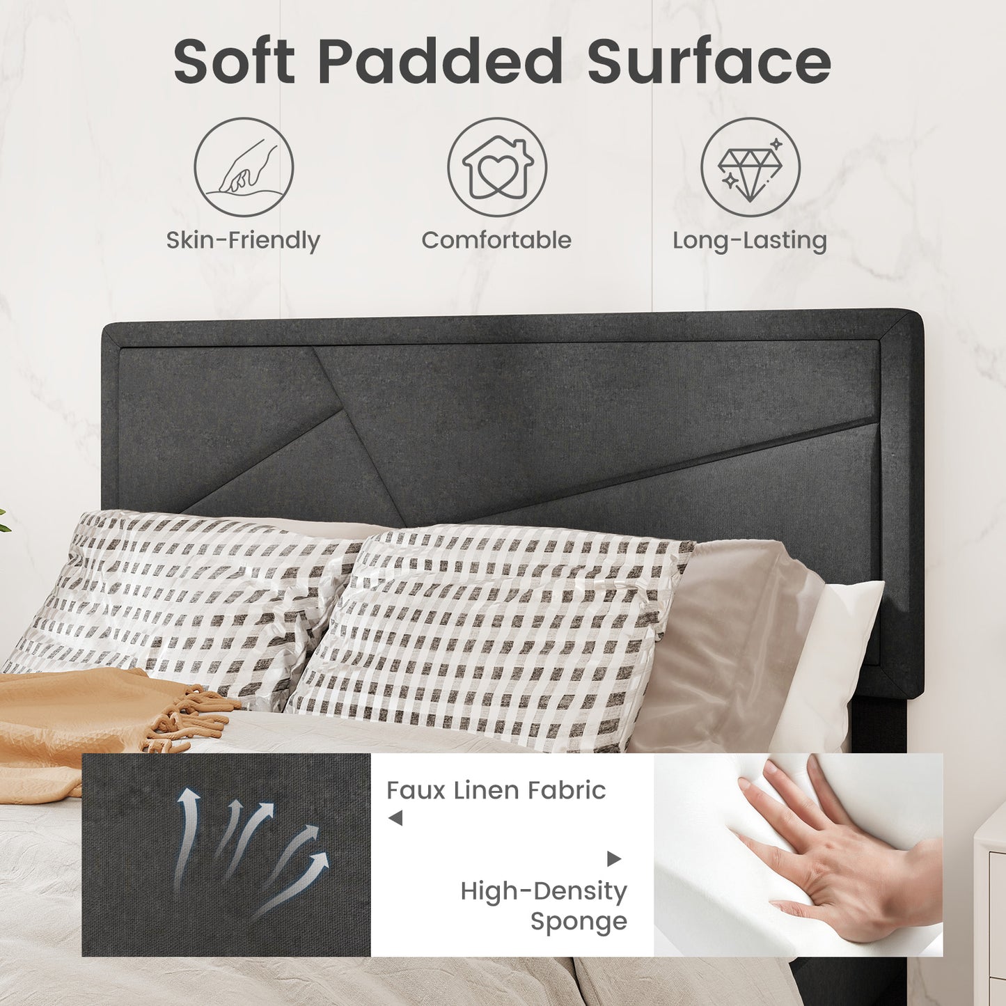 Faux Linen Upholstered Platform Bed with Button-Tufted Headboard and Solid Wood Slats – Full Size