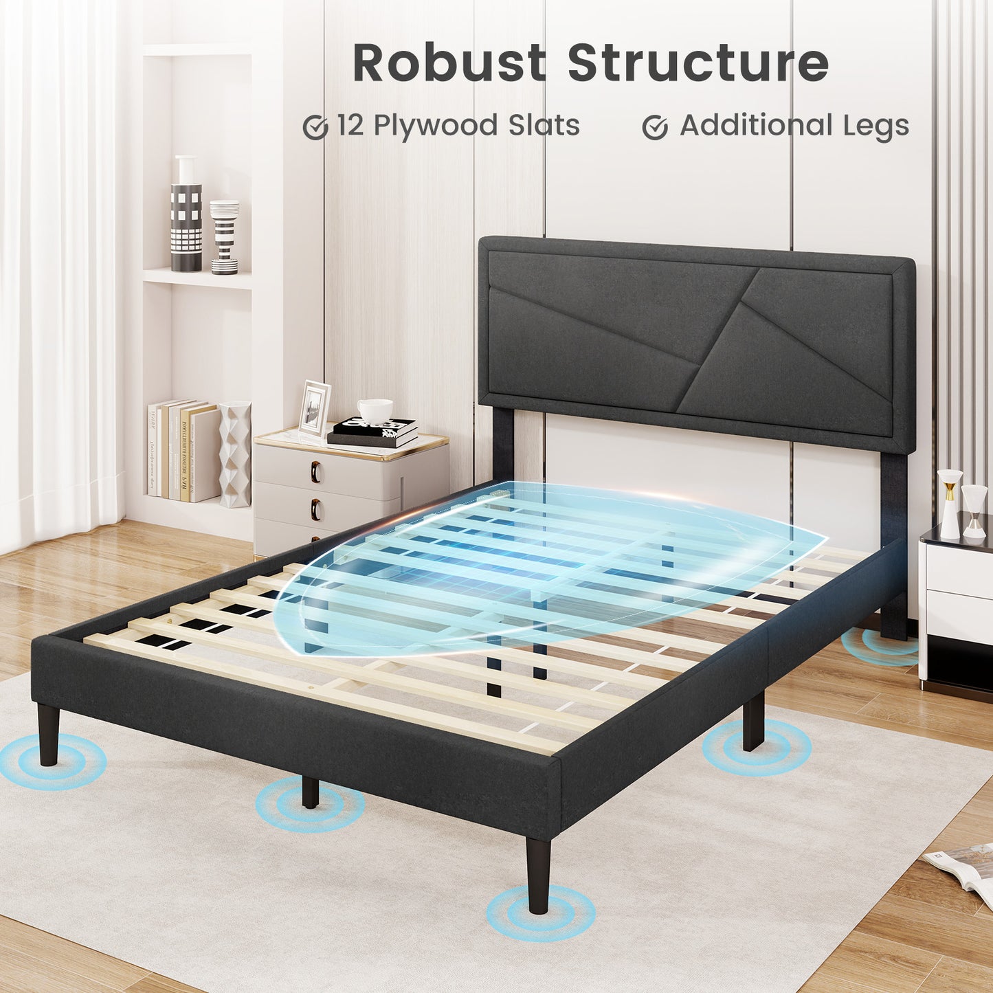 Faux Linen Upholstered Platform Bed with Button-Tufted Headboard and Solid Wood Slats – Full Size