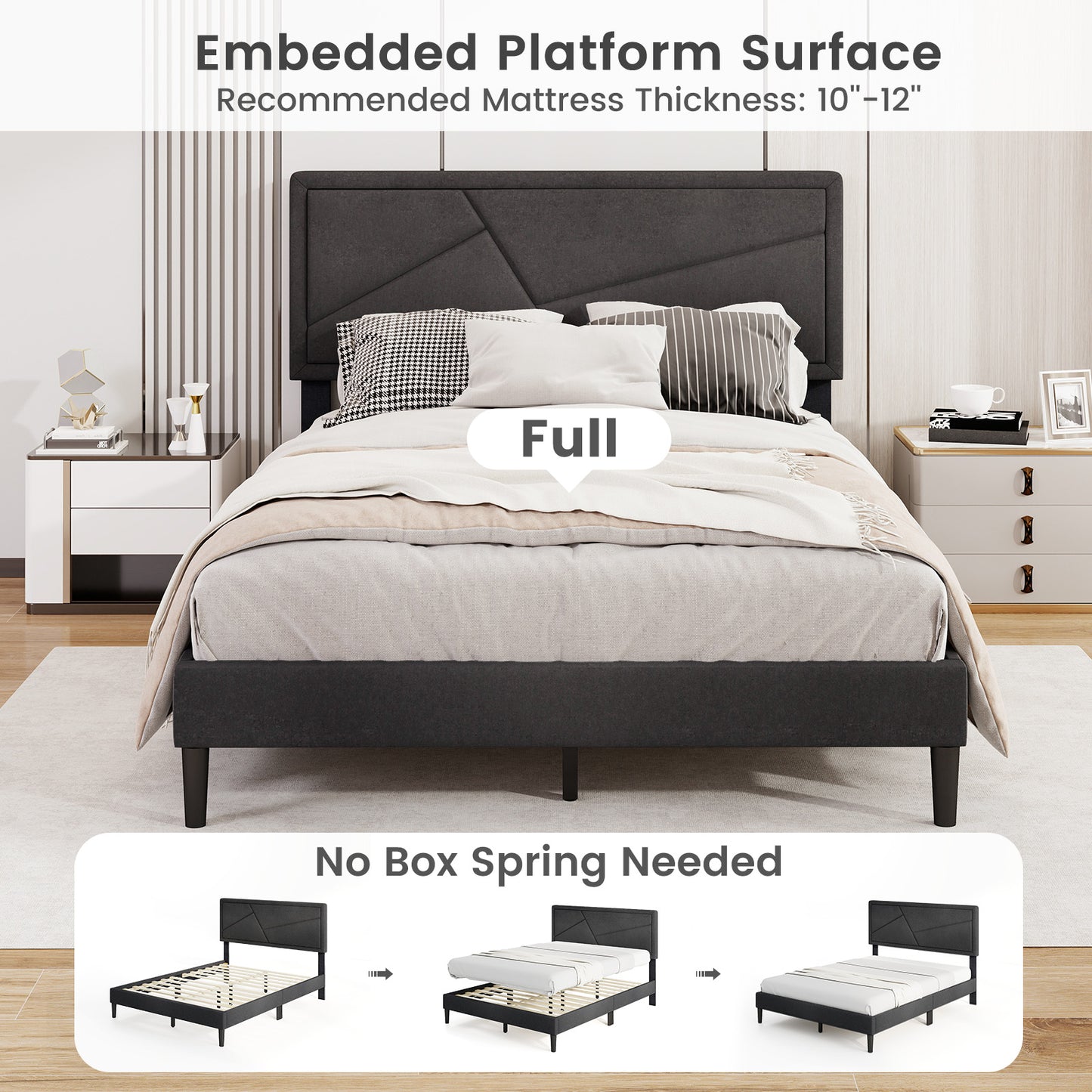 Faux Linen Upholstered Platform Bed with Button-Tufted Headboard and Solid Wood Slats – Full Size