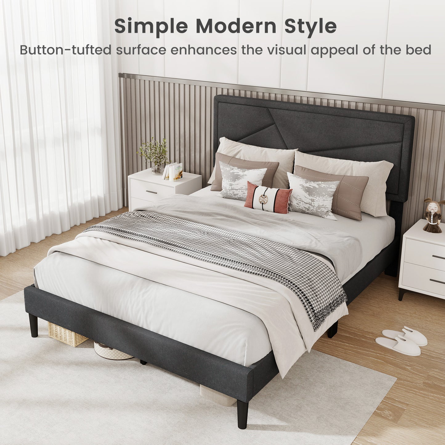 Faux Linen Upholstered Platform Bed with Button-Tufted Headboard and Solid Wood Slats – Full Size