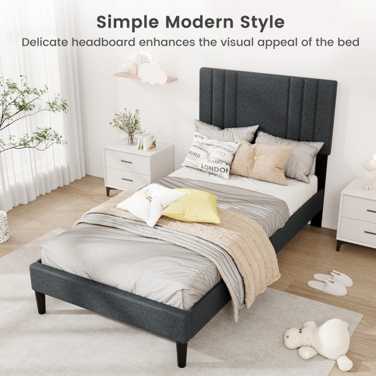 Faux Linen Upholstered Bed Frame with Channel Tufted Headboard and Sturdy Wood Slats – Twin Size