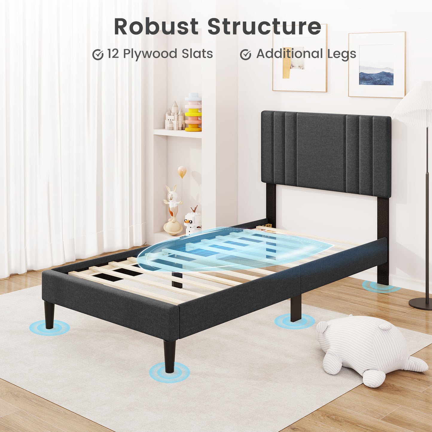 Faux Linen Upholstered Bed Frame with Channel Tufted Headboard and Sturdy Wood Slats – Twin Size