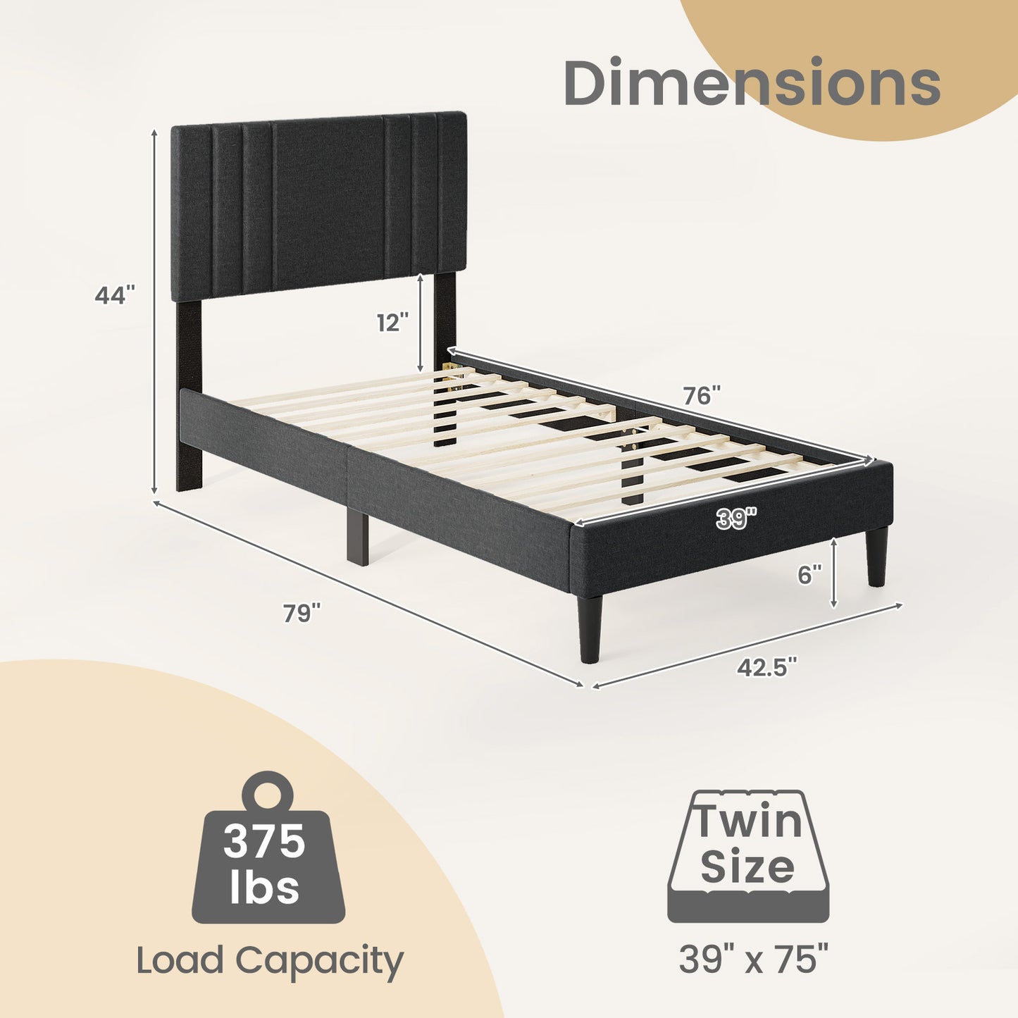 Faux Linen Upholstered Bed Frame with Channel Tufted Headboard and Sturdy Wood Slats – Twin Size