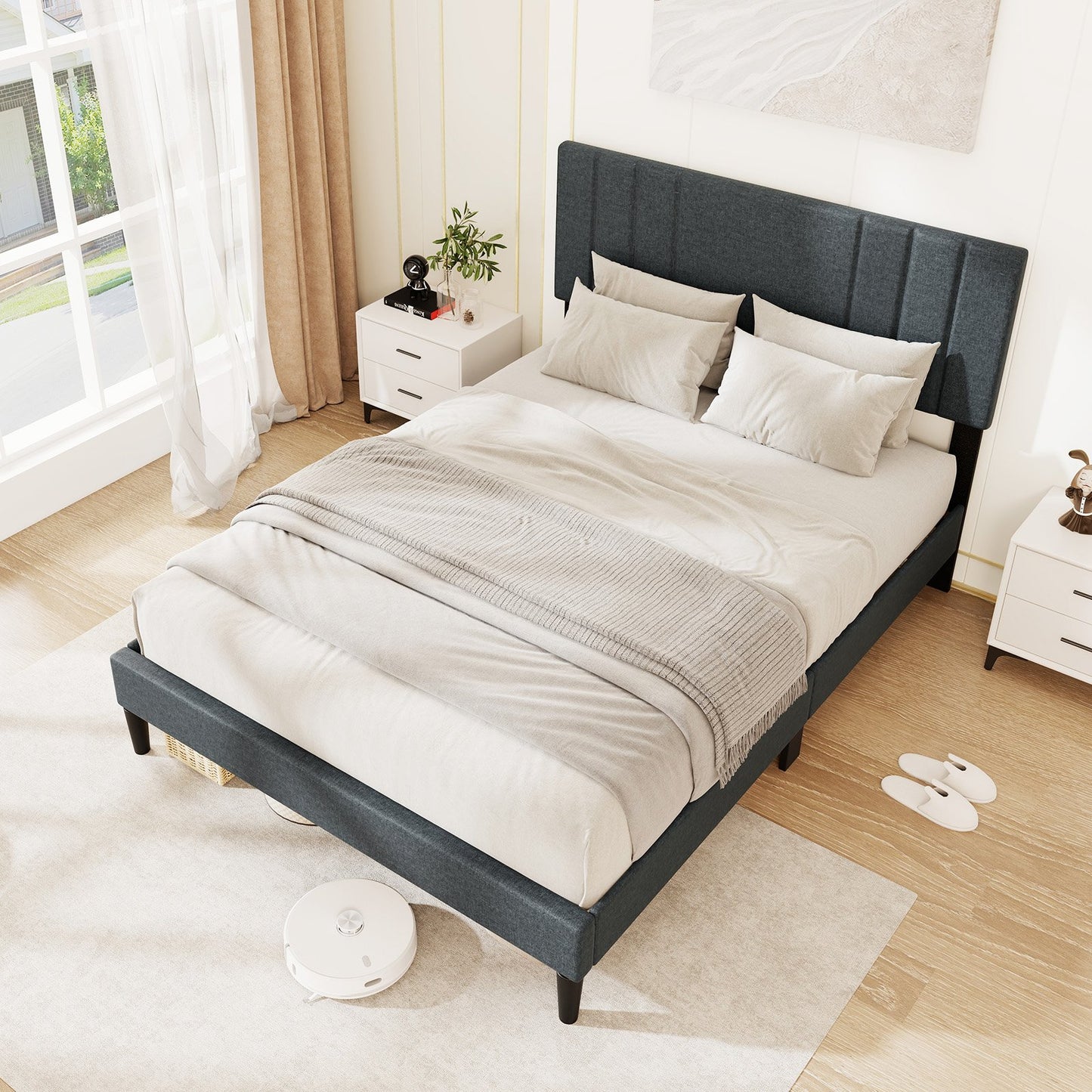 Faux Linen Upholstered Bed Frame with Channel Tufted Headboard and Sturdy Wood Slats – Full Size